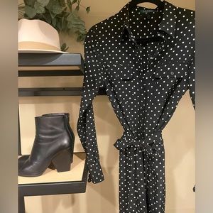 Ralph Lauren | Button Down Shirt Dress | Black & Cream Polka Dot Print